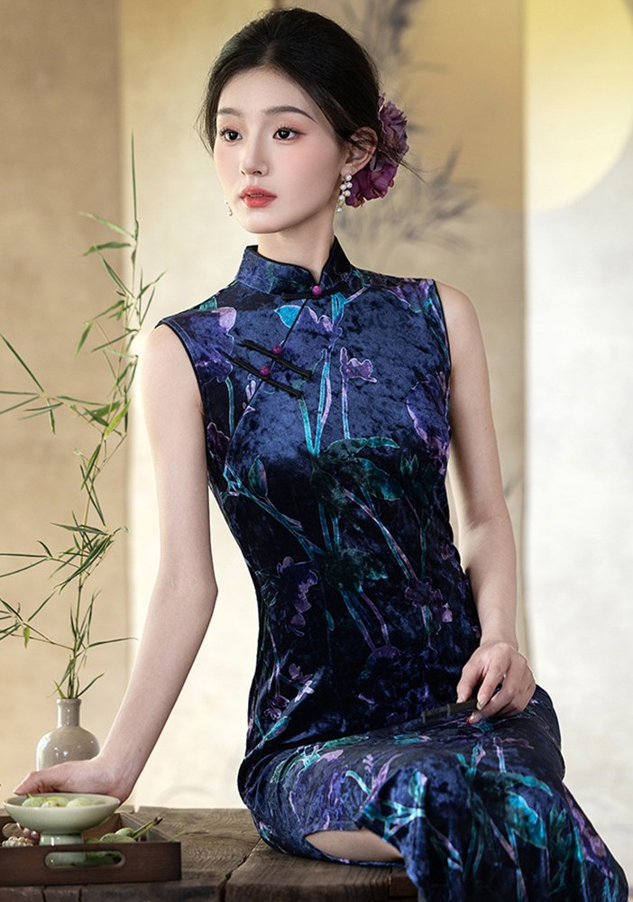 Vintage Silk Velongsam Cheongsam Sleeveless Maxi Dress