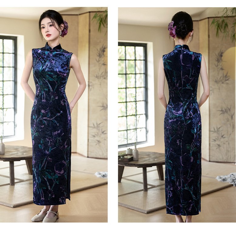 Vintage Silk Velongsam Cheongsam Sleeveless Maxi Dress