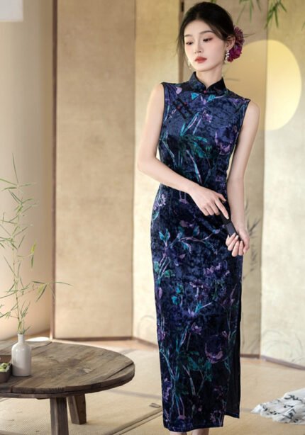 Vintage Silk Velongsam Cheongsam Sleeveless Maxi Dress