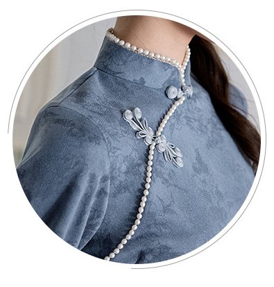 Women's Blue Floral Print Vintage Cheongsam with Pearl Accents