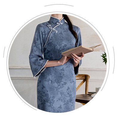 Women's Blue Floral Print Vintage Cheongsam with Pearl Accents