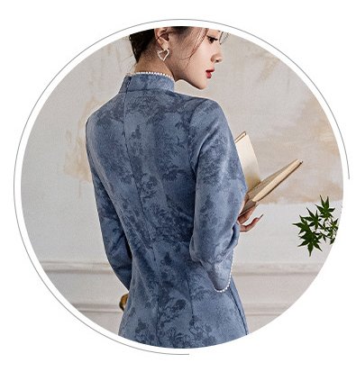Women's Blue Floral Print Vintage Cheongsam with Pearl Accents