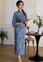 Women's Blue Floral Print Vintage Cheongsam with Pearl Accents