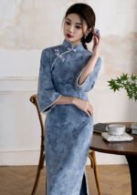 Women's Blue Floral Print Vintage Cheongsam with Pearl Accents