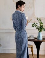 Women's Blue Floral Print Vintage Cheongsam with Pearl Accents