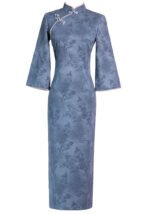 Women's Blue Floral Print Vintage Cheongsam with Pearl Accents