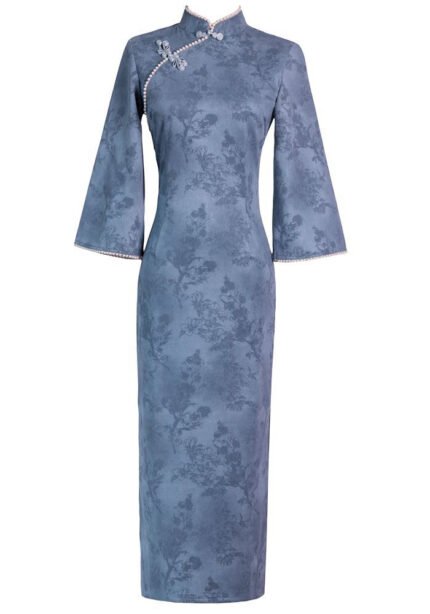 Women's Blue Floral Print Vintage Cheongsam with Pearl Accents