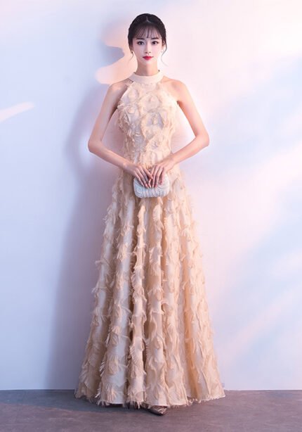 Elegant Halter Neck Feather Textured Maxi Evening Gown