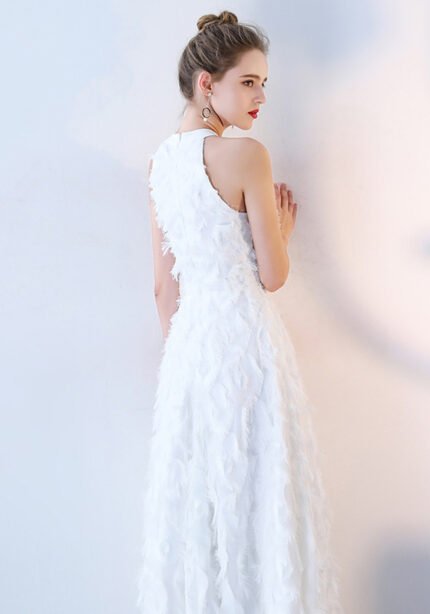 Elegant Halter Neck Feather Textured Maxi Evening Gown