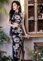 Black Qipao Vintage Floral Velvet Cheongsam Sleeveless