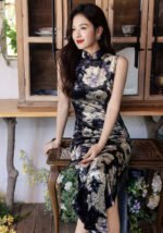 Black Qipao Vintage Floral Velvet Cheongsam Sleeveless