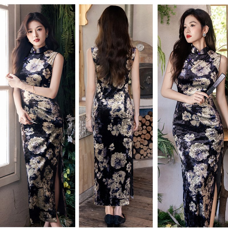 Black Qipao Vintage Floral Velvet Cheongsam Sleeveless