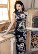 Black Qipao Vintage Floral Velvet Cheongsam Sleeveless