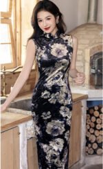 Black Qipao Vintage Floral Velvet Cheongsam Sleeveless