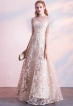 Champagne Illusion Neckline Lace Maxi Dress