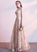 Champagne Illusion Neckline Lace Maxi Dress