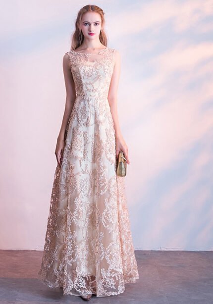 Champagne Illusion Neckline Lace Maxi Dress