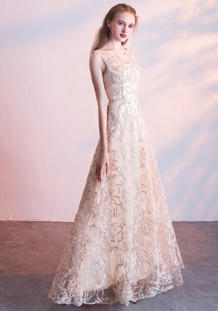 Champagne Illusion Neckline Lace Maxi Dress