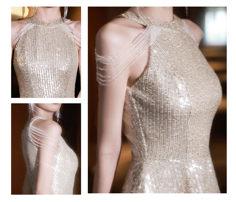 Elegant Champagne Sequin Maxi Dress Sparkling A-Line Evening Gown