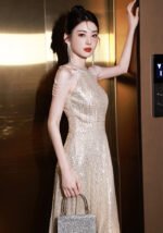 Elegant Champagne Sequin Maxi Dress Sparkling A-Line Evening Gown