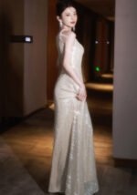 Elegant Champagne Sequin Maxi Dress Sparkling A-Line Evening Gown