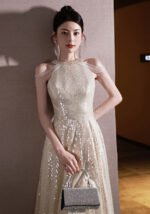 Elegant Champagne Sequin Maxi Dress Sparkling A-Line Evening Gown