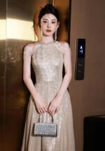 Elegant Champagne Sequin Maxi Dress Sparkling A-Line Evening Gown