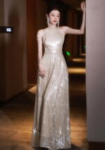 Elegant Champagne Sequin Maxi Dress Sparkling A-Line Evening Gown