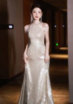 Elegant Champagne Sequin Maxi Dress Sparkling A-Line Evening Gown