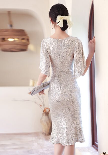 Elegant Silver Sequin Midi Dress with V-Neck & Flutter Sleeves Cocktail Party Gown