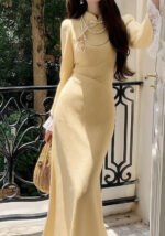 Elegant Yellow Cheongsam Delicate Lace-Trimmed Sleeves