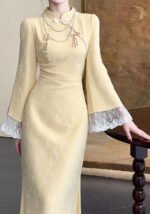 Elegant Yellow Cheongsam Delicate Lace-Trimmed Sleeves