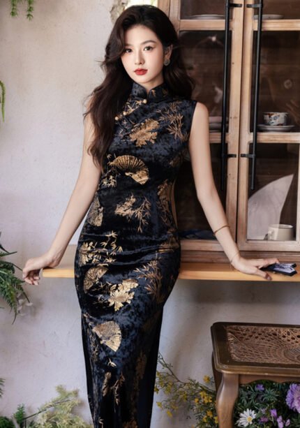 Luxury Black Velvet Qipao with Golden Fan & Bamboo Print
