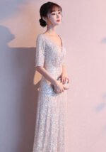 Silver Sequin Mermaid Evening Gown with V-Neck and Half Sleeves