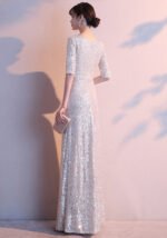 Silver Sequin Mermaid Evening Gown with V-Neck and Half Sleeves