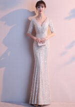Silver Sequin Mermaid Evening Gown with V-Neck and Half Sleeves