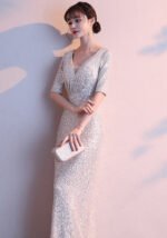Silver Sequin Mermaid Evening Gown with V-Neck and Half Sleeves