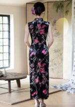 Vintage Floral Velvet Cheongsam – Elegant Black Qipao with Pink Blossom Print