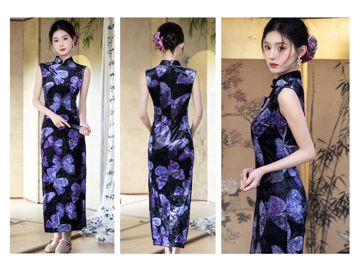 Vintage Velvet Cheongsam with Purple Butterfly Print