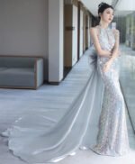 Women's Haute Couture Halter Neck Mermaid Gown: Sexy Floor-Length Evening Dress with Train for Luxury Banquets