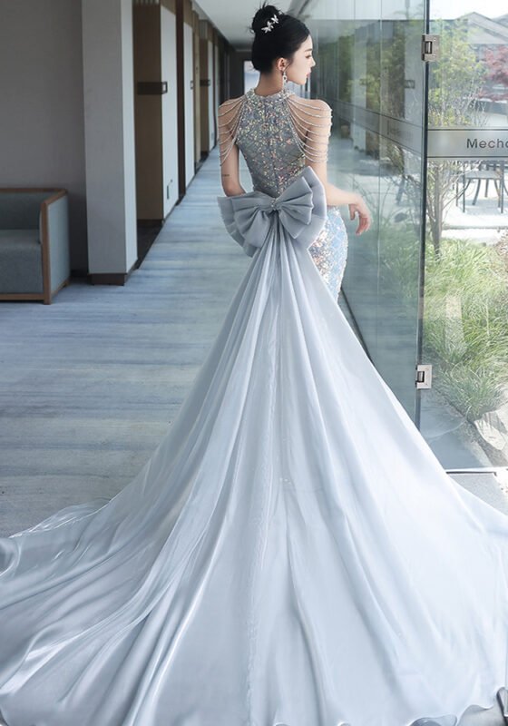 Women's Haute Couture Halter Neck Mermaid Gown: Sexy Floor-Length Evening Dress with Train for Luxury Banquets