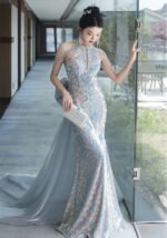 Women's Haute Couture Halter Neck Mermaid Gown: Sexy Floor-Length Evening Dress with Train for Luxury Banquets
