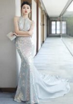 Women's Haute Couture Halter Neck Mermaid Gown: Sexy Floor-Length Evening Dress with Train for Luxury Banquets