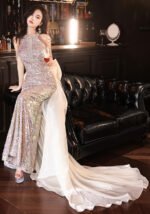 Women's Haute Couture Halter Neck Mermaid Gown: Sexy Floor-Length Evening Dress with Train for Luxury Banquets