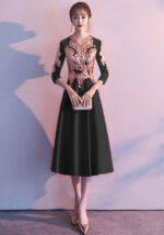 Elegant Red Embroidered Chinese Style Qipao Dress Midi Length Cheongsam