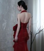 Elegant Halter Neck Deep V-Neck Red Satin Evening Gown