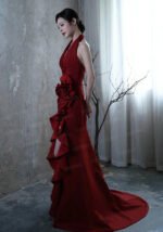 Elegant Halter Neck Deep V-Neck Red Satin Evening Gown