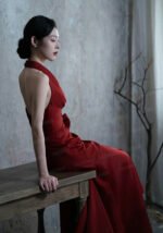 Elegant Halter Neck Deep V-Neck Red Satin Evening Gown