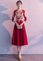 Elegant Red Embroidered Chinese Style Qipao Dress Midi Length Cheongsam