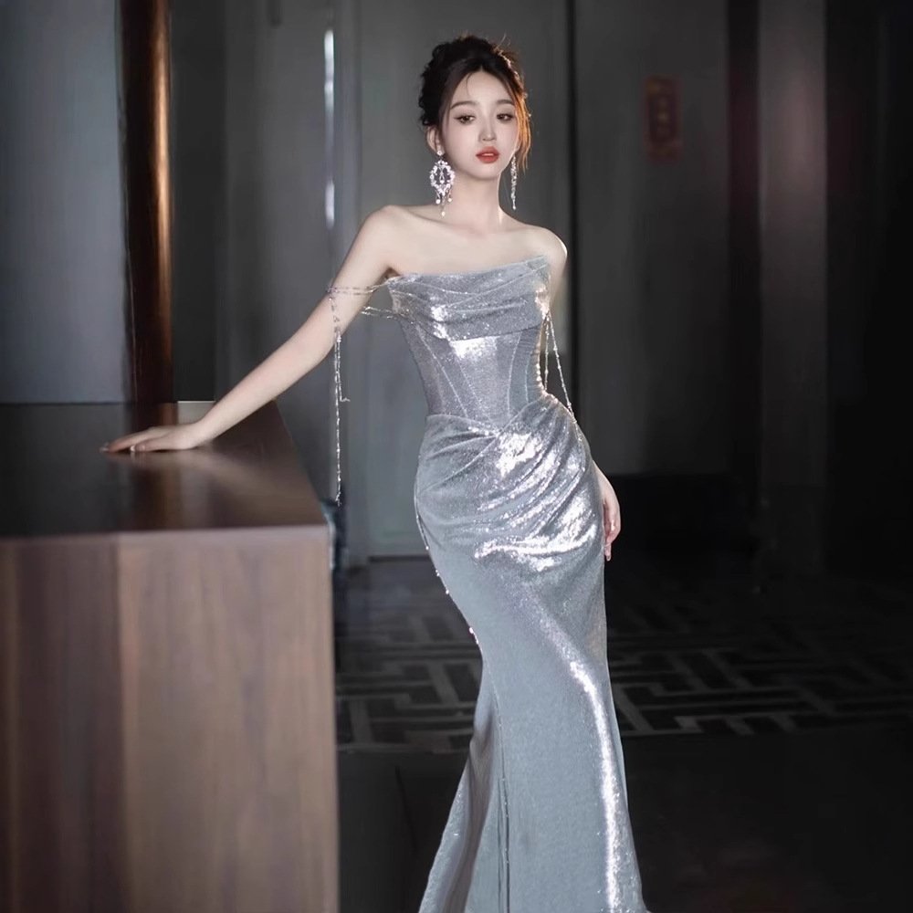 Silver Sparkle Spaghetti Strap Mermaid Evening Gown